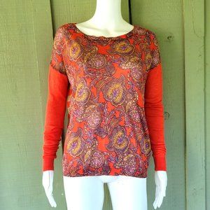 Ann Taylor LOFT Orange Red lightweight Knit Paisley Striped Top Sweater Small S